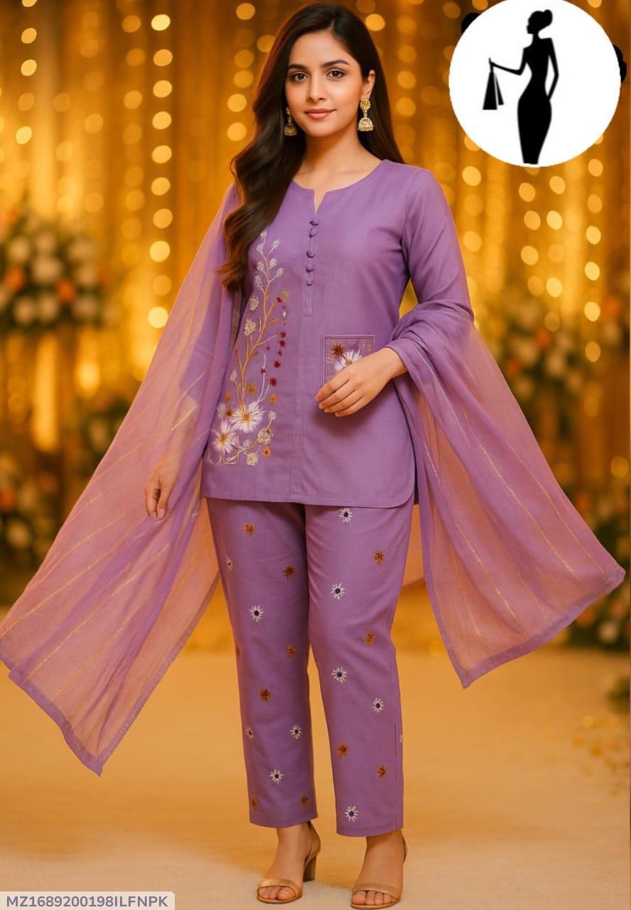 3 Pcs Women's Stitched Embroidered Suit
