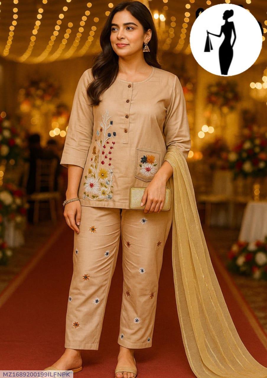 3 Pcs Women's Stitched Embroidered Suit