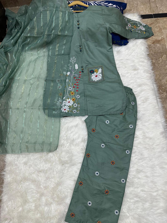 3 Pcs Women's Stitched Embroidered Suit