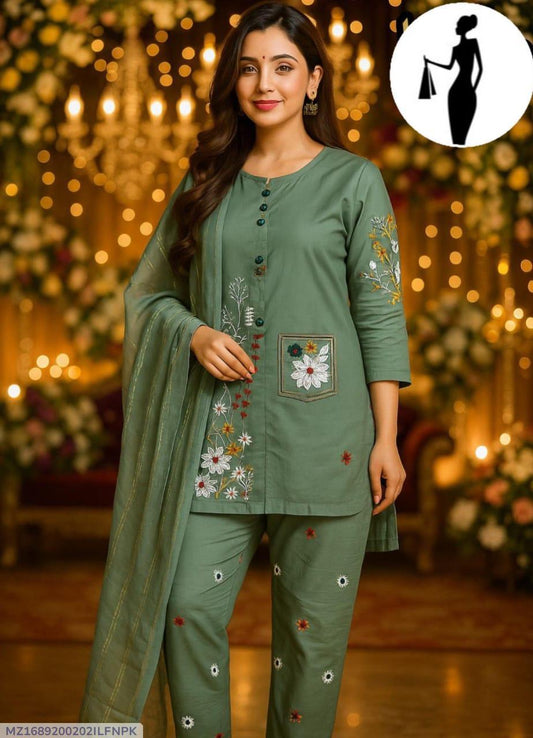 3 Pcs Women's Stitched Embroidered Suit
